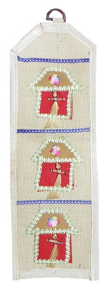 Letter and Paper Holder with Three Pockets in Off-White Jute Cloth with Appliqued Red House with Jute Dolls