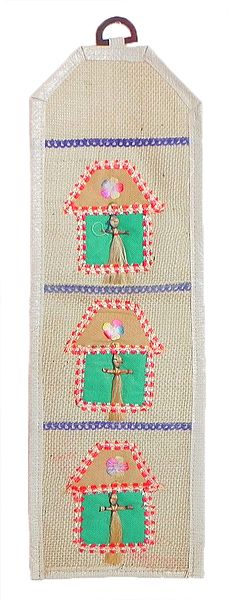 Letter and Paper Holder with Three Pockets in Off-White Jute Cloth with Appliqued Cyan Green House with Jute Dolls