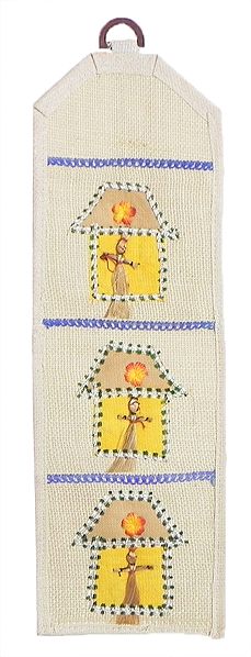 Letter and Paper Holder with Three Pockets in Off-White Jute Cloth with Appliqued Yellow House with Jute Dolls