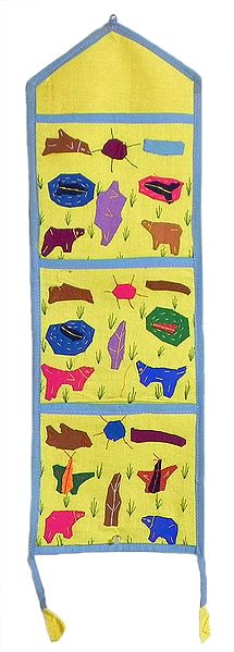 Letter and Paper Holder with Three Pockets in Yellow Cotton Cloth with Appliqued Multicolor Animals and Birds
