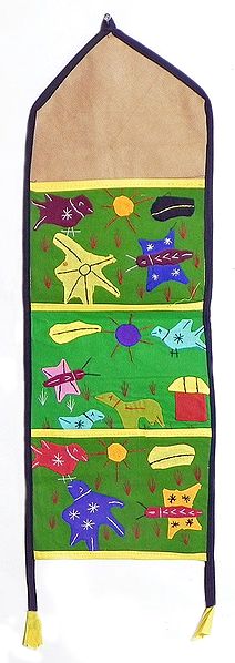 Letter and Paper Holder with Three Pockets in Green Cotton Cloth with Appliqued Multicolor Animals and Birds