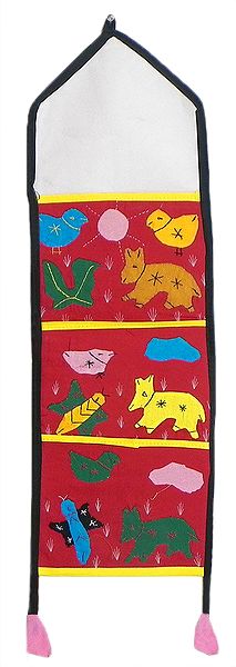 Letter and Paper Holder with Three Pockets in Red Cotton Cloth with Appliqued Multicolor Animals and Birds