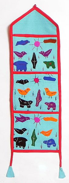 Letter and Paper Holder with Three Pockets in Cyan Blue Cotton Cloth with Appliqued Multicolor Animals and Birds