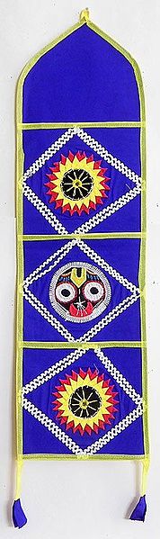 Letter and Paper Holder with Three Pockets in Blue Cotton Cloth with Appliqued Jagannathdev - (Wall Hanging)