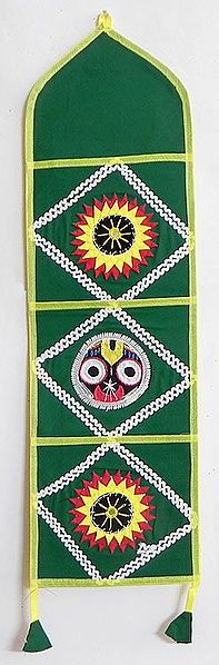 Letter and Paper Holder with Three Pockets in Green Cotton Cloth with Appliqued Jagannathdev - (Wall Hanging)