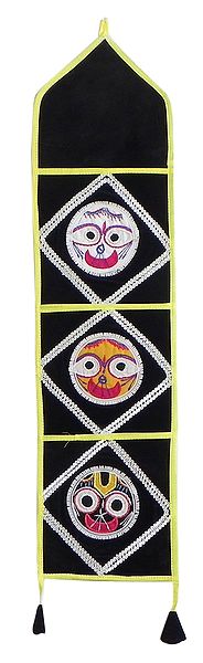 Letter and Paper Holder with Three Pockets in Black Velvet Cloth with Appliqued Jagannathdev - (Wall Hanging)