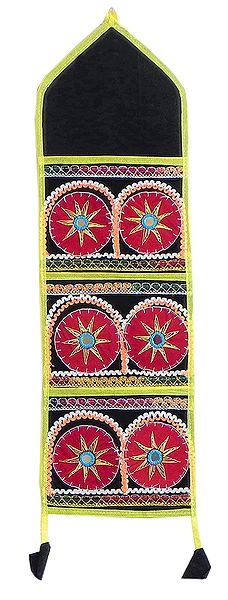 Appliqued Letter and Paper Holder with Three Pockets in Black Cotton Cloth - (Wall Hanging)