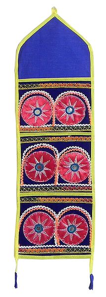 Appliqued Letter and Paper Holder with Three Pockets in Blue Cotton Cloth - (Wall Hanging)