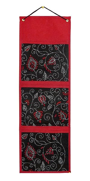 Embroidered Magazine Holder with 3 Pockets - Wall Hanging