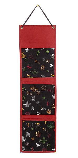 Kantha Stitched Magazine Holder with 3 Pockets - Wall Hanging