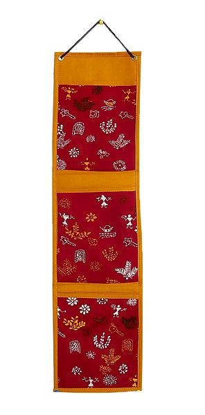 Kantha Stitched Magazine Holder with 3 Pockets - Wall Hanging