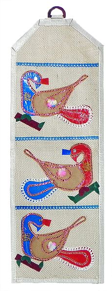 Letter and Paper Holder with Three Pockets in Off-White Jute Cloth with Appliqued Plastic Birds