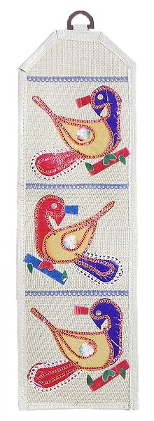 Letter and Paper Holder with Three Pockets in Off-White Jute Cloth with Appliqued Plastic Birds