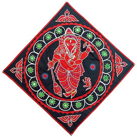 Red Appliqued Ganesha on Black Cotton Cloth with Mirrorwork - (Wall Hanging)