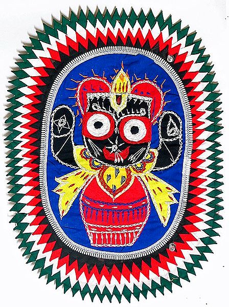 Red Appliqued Jagannthdev on Blue Cotton Cloth - (Wall Hanging)