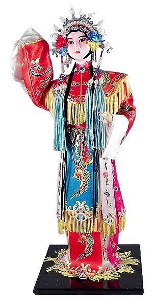 Chinese Opera Character Doll in Red and Blue Printed Dress