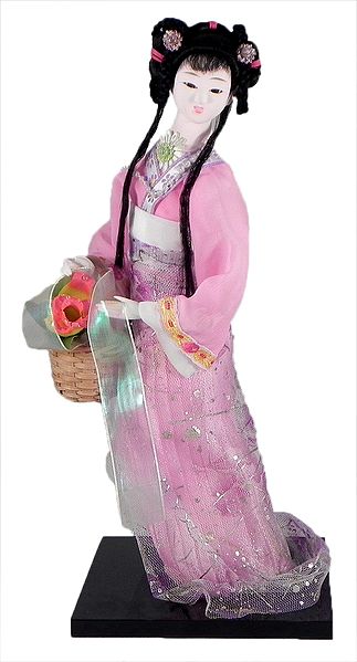 Chinese Doll in Pink Dress with Flower Basket
