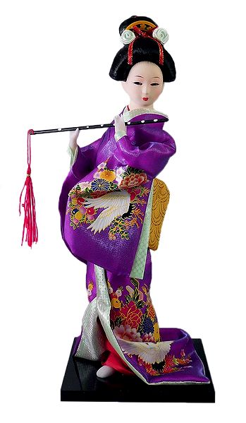 Japanese Doll in Purple Kimono Dress Holding Flute