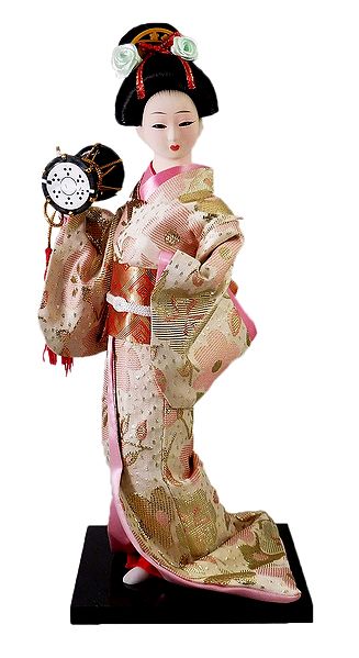 Japanese Geisha Doll in Brocade Kimono Dress Playing Drum