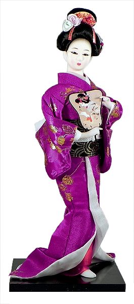 Japanese Geisha Doll in Magenta Kimono Dress Holding Fan