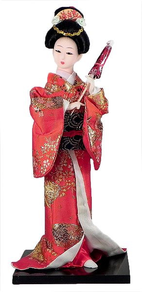 Japanese Geisha Doll in Red Kimono Dress Holding Umbrella