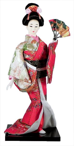 Japanese Geisha Doll in Red Kimono Dress Holding Fan