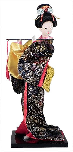 Japanese Geisha Doll in Black Kimono Dress Holding Flute