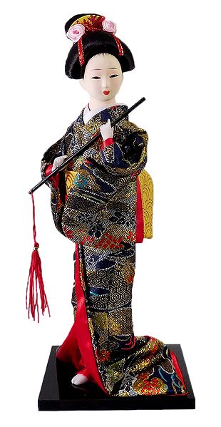 Japanese Geisha Doll in Brocade Kimono Dress Holding Flute
