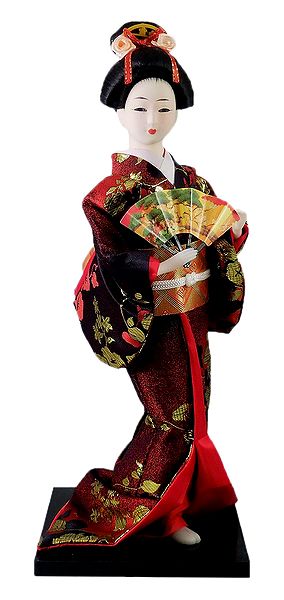 Geisha Doll in Dark Red Kimono Dress Holding Fan