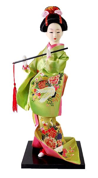 japanese Geisha Doll in Green Kimono Dress Holding Flute