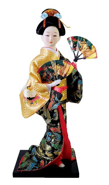 japanese Geisha Doll in Brocade Kimono Dress Holding Fan