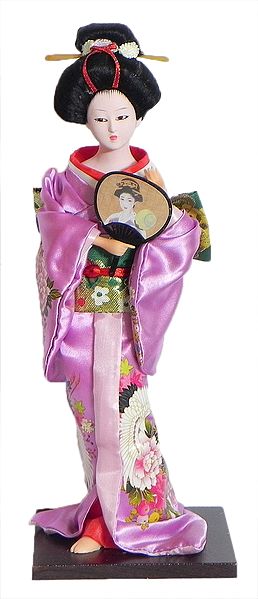 Japanese Geisha Doll in Printed Mauve Kimono Dress Holding Fan
