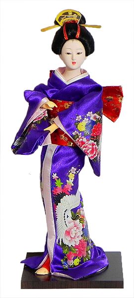 Japanese Geisha Doll in Printed Purple Kimono Dress