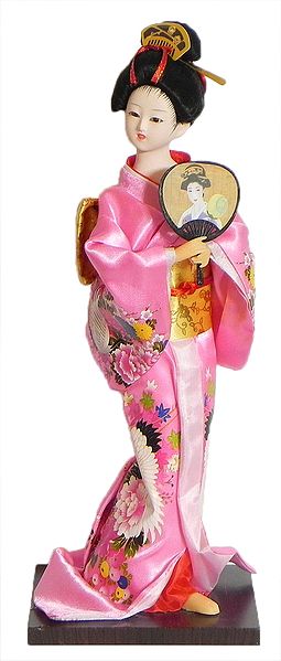 Japanese Geisha Doll in Printed Rose Pink Kimono Dress Holding Fan