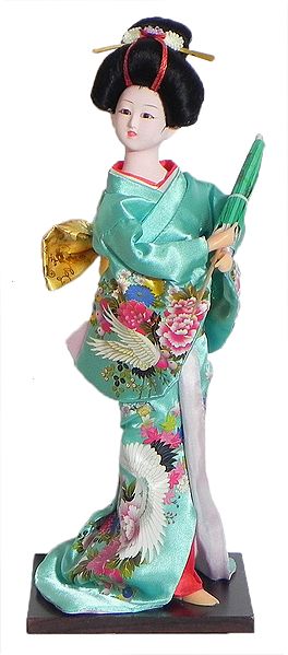 Japanese Geisha Doll in Printed Cyan Green Kimono Dress Holding Umbrella