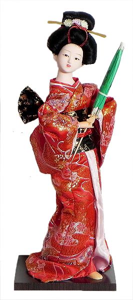 Japanese Geisha Doll in Red with Weaved Golden Design Kimono Dress Holding Umbrella