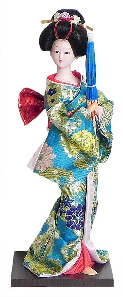 Japanese Geisha Doll in Cyan Blue with Weaved Golden Design Kimono Dress Holding Umbrella
