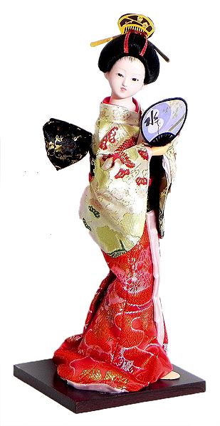 Japanese Geisha Doll in Red and White with Weaved Golden Design Kimono Dress Holding Fan
