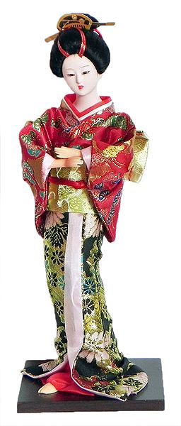 Japanese Geisha Doll in Black and Red with Weaved Golden Design Kimono Dress