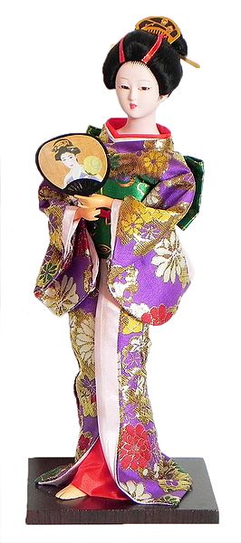 Japanese Geisha Doll in Mauve with Weaved Golden Design Kimono Dress Holding Fan