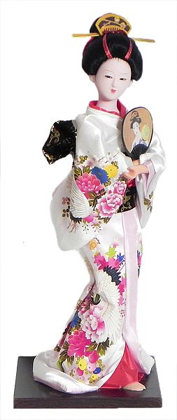 Japanese Geisha Doll in Printed White Kimono Dress Holding Fan