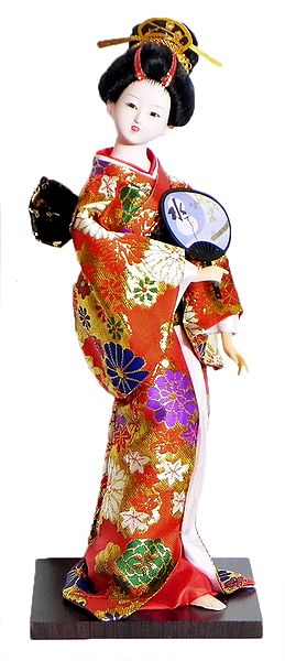 Japanese Geisha Doll in Red with Weaved Golden Design Kimono Dress Holding Fan