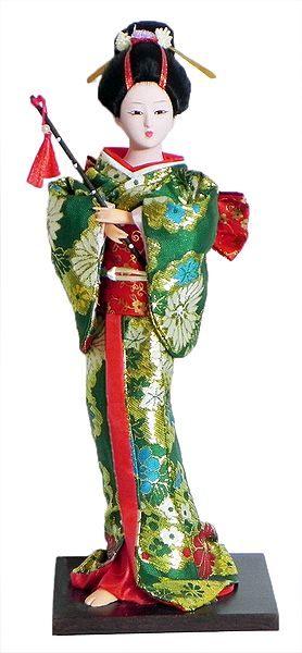 Japanese Geisha Doll in Green with Weaved Golden Design Kimono Dress Holding Flute