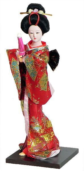 Japanese Geisha Doll in Red with Weaved Golden Design Kimono Dress Holding Umbrella