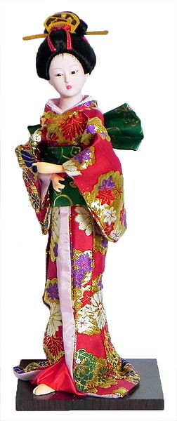 Japanese Geisha Doll in Red with Weaved Golden Design Kimono Dress