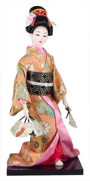 Japanese Geisha Doll in Light Orange Kimono Dress Holding Fan