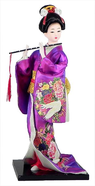 Japanese Geisha Doll in Purple Kimono Dress Holding Flute