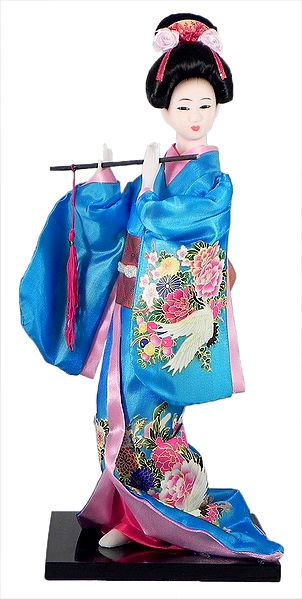 Japanese Geisha Doll in Blue Kimono Dress Holding Flute