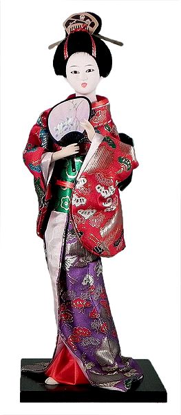 Japanese Geisha Doll in Purple and Red Kimono Dress Holding Fan