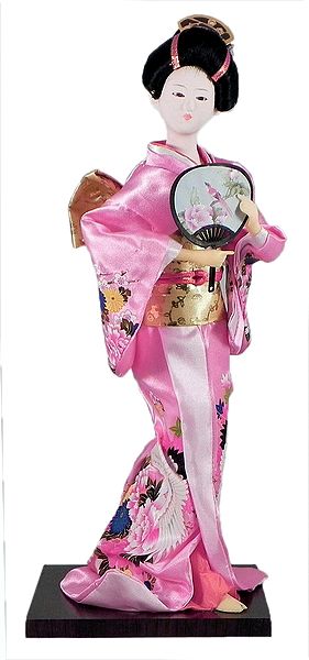 Japanese Geisha Doll in Pink Kimono Dress Holding Fan